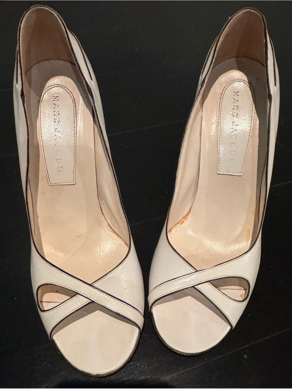 Marc Jacobs Leather Peep-Toe Heels with Contrast Trim - size 8